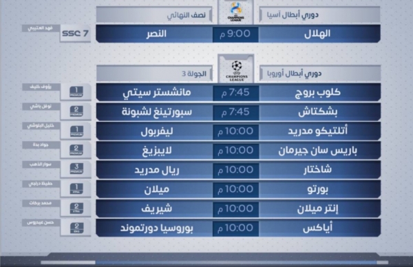 مباريات اليوم الثلاثاء 19 اكتوبر 